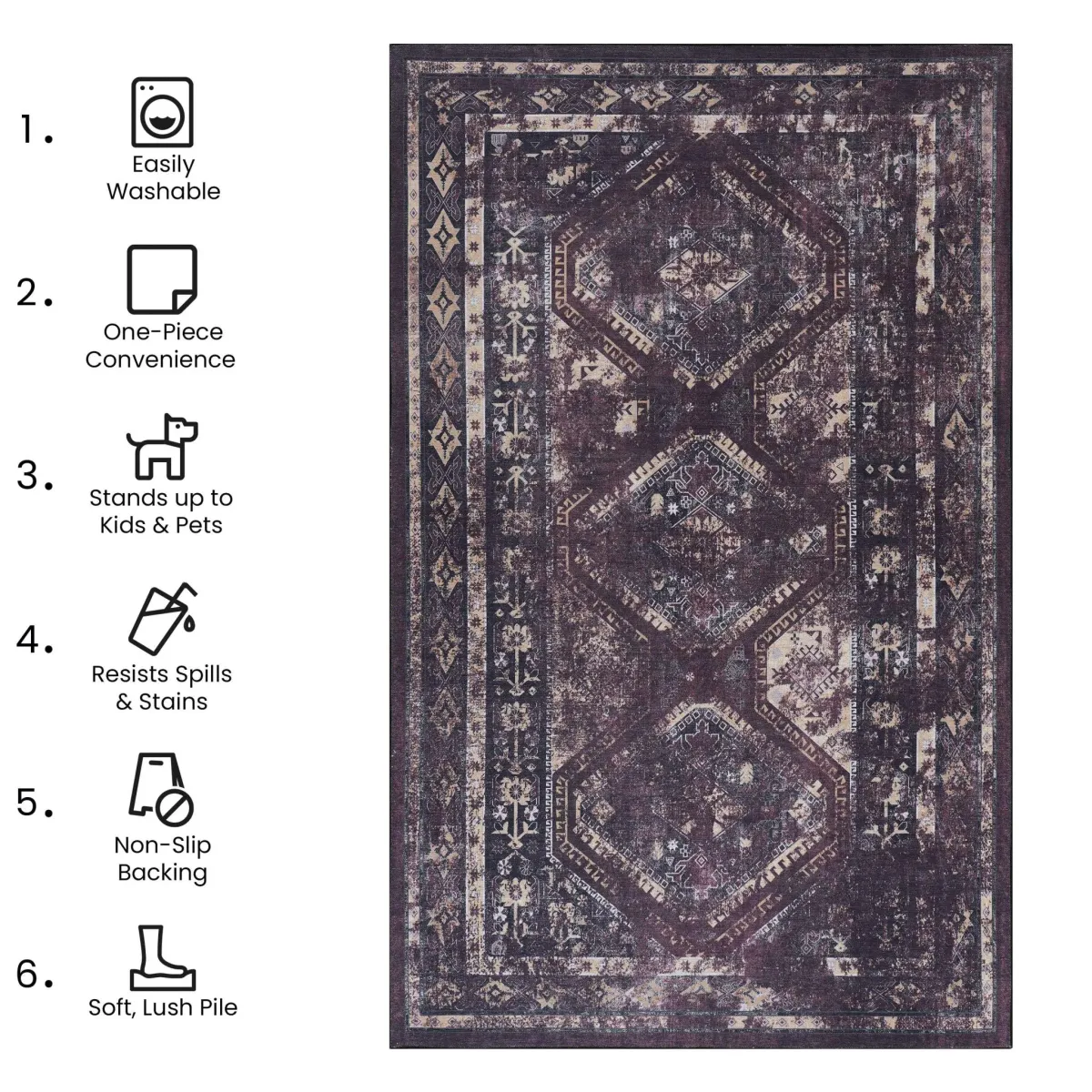 Kaden 2' x 3' Burgundy/Black Machine Washable Low-Pile, Non-Slip, Non-Shedding, Foldable, Kid & Pet Friendly Area Rug