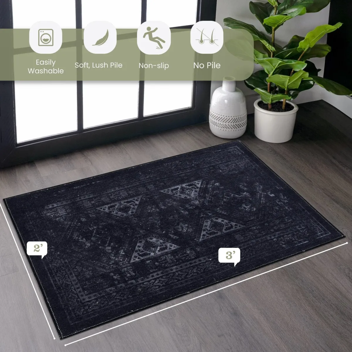 Kaden 3' x 5' Black/Gray Machine Washable Low-Pile, Non-Slip, Non-Shedding, Foldable, Kid & Pet Friendly Area Rug