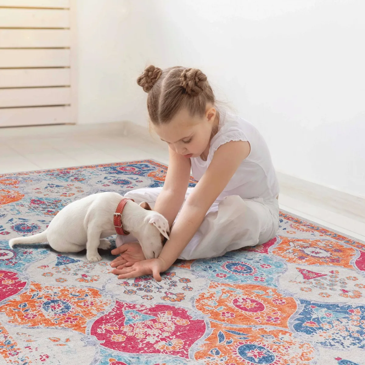 Rigo 3' x 5' Cream/ Machine Washable Low-Pile, Non-Slip, Non-Shedding, Foldable, Kid & Pet Friendly Area Rug