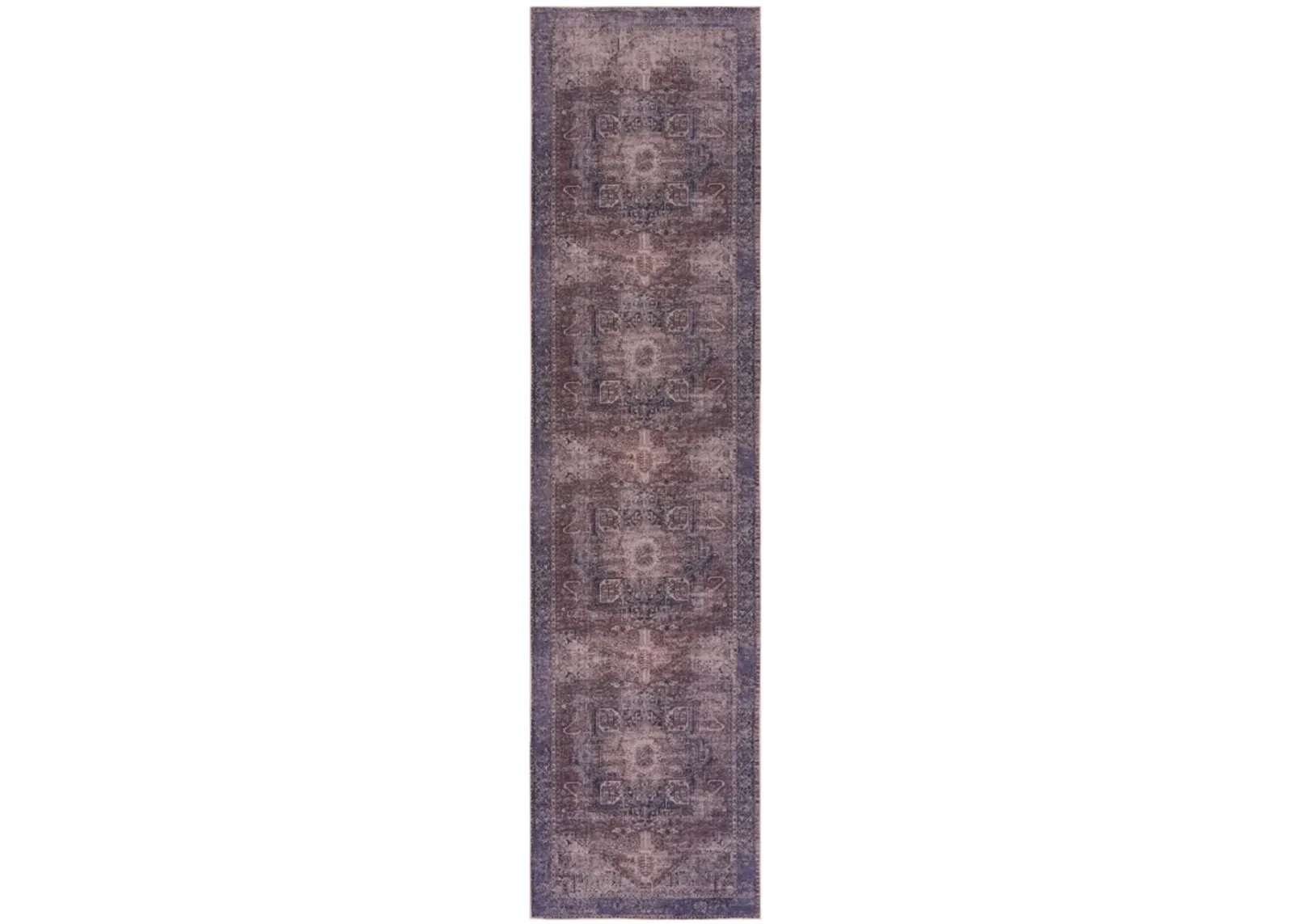 Elko 2'6'' x 10' Burgundy/Blue Machine Washable Low-Pile, Non-Slip, Non-Shedding, Foldable, Kid & Pet Friendly Area Rug