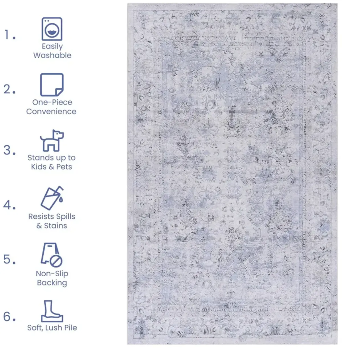 Colca 5' x 8' Blue/Cream Machine Washable Low-Pile, Non-Slip, Non-Shedding, Foldable, Kid & Pet Friendly Area Rug