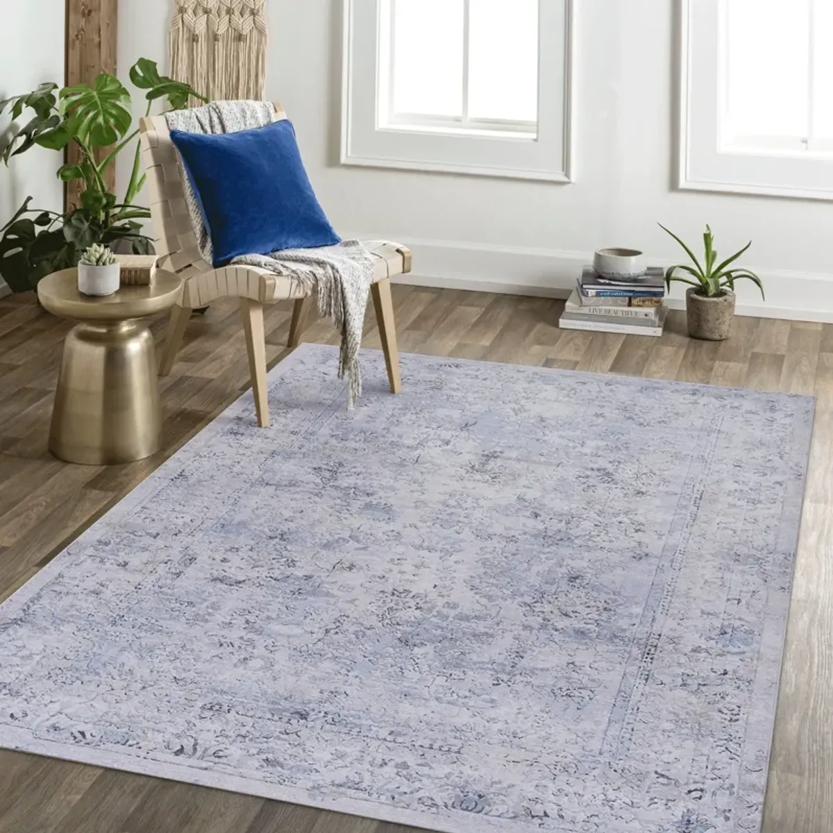 Colca 6' x 9' Blue/Cream Machine Washable Low-Pile, Non-Slip, Non-Shedding, Foldable, Kid & Pet Friendly Area Rug