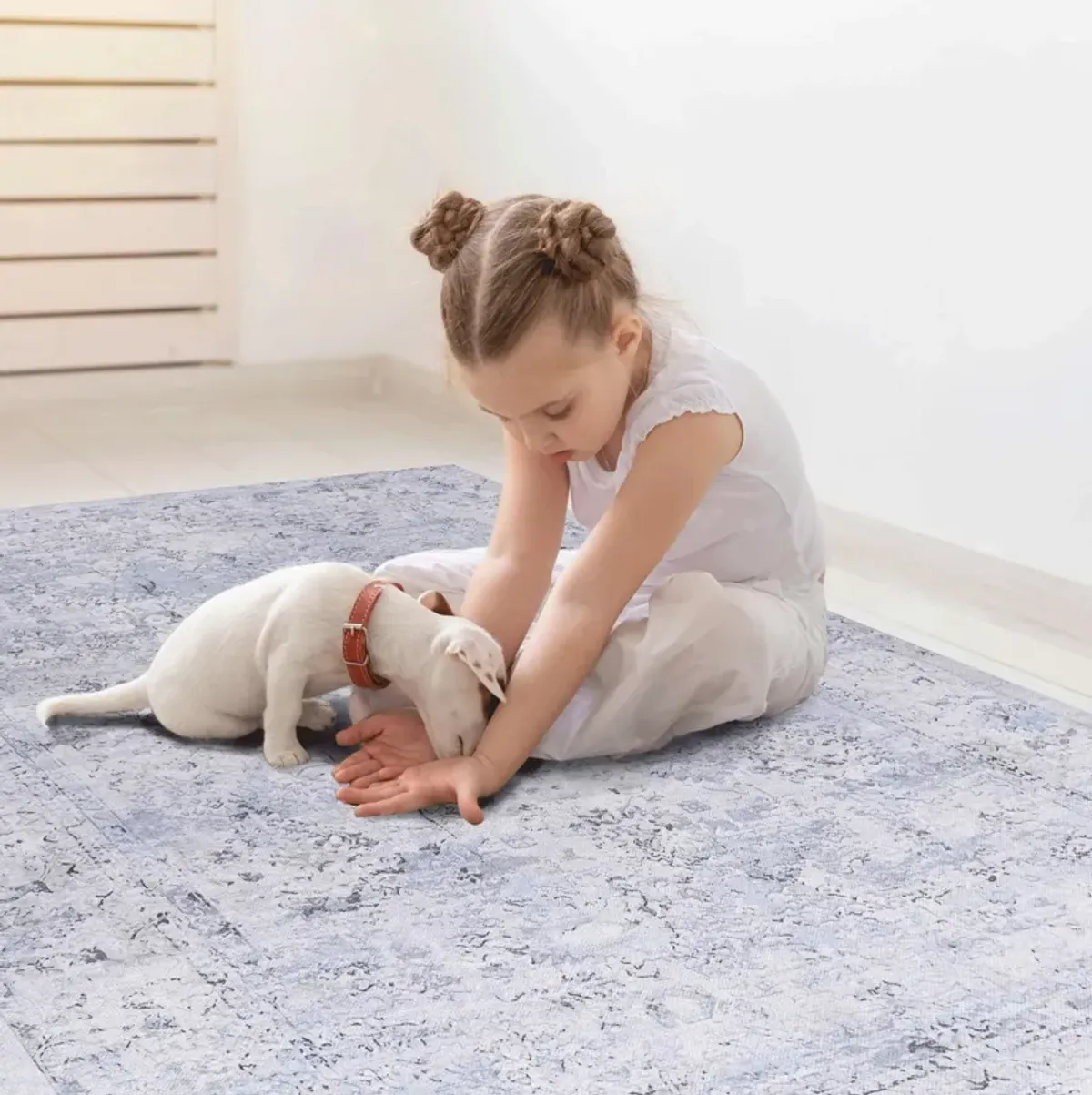 Colca 8' x 10' Blue/Cream Machine Washable Low-Pile, Non-Slip, Non-Shedding, Foldable, Kid & Pet Friendly Area Rug