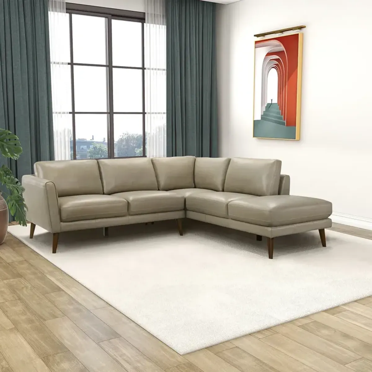 Bexley Beige Leather Sectional Sofa Right Facing Chaise