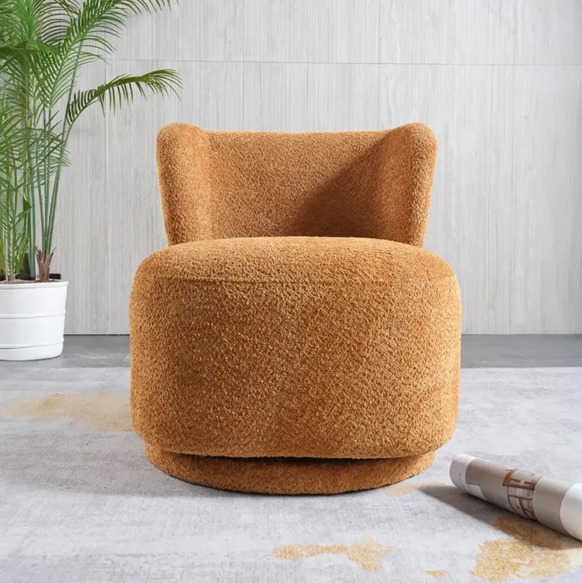 Meridian Orange Boucle Swivel Barrel Chair