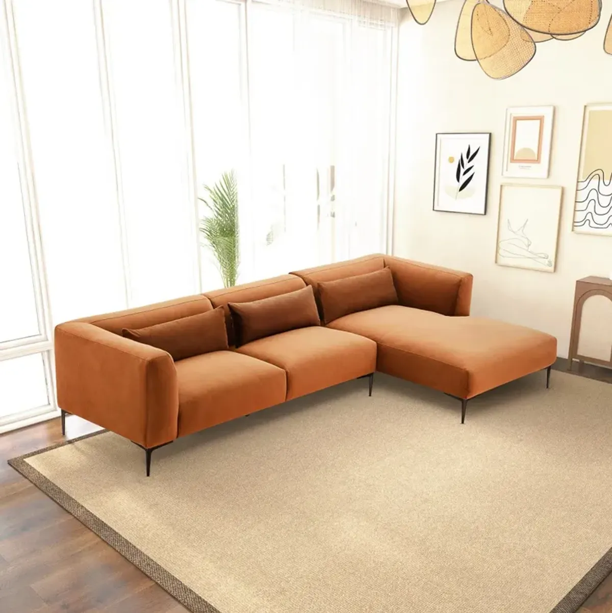 Savoy Burnt Orange Velvet L Shaped Right Sectional Sofa