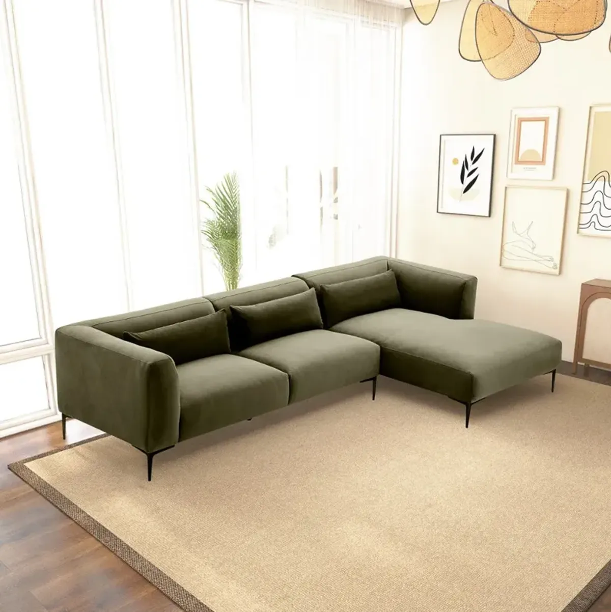 Savoy Green Velvet L Shaped Right Sectional Sofa