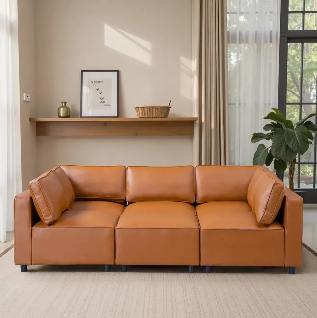 Avery Cognac Vegan Leather Modular Sofa