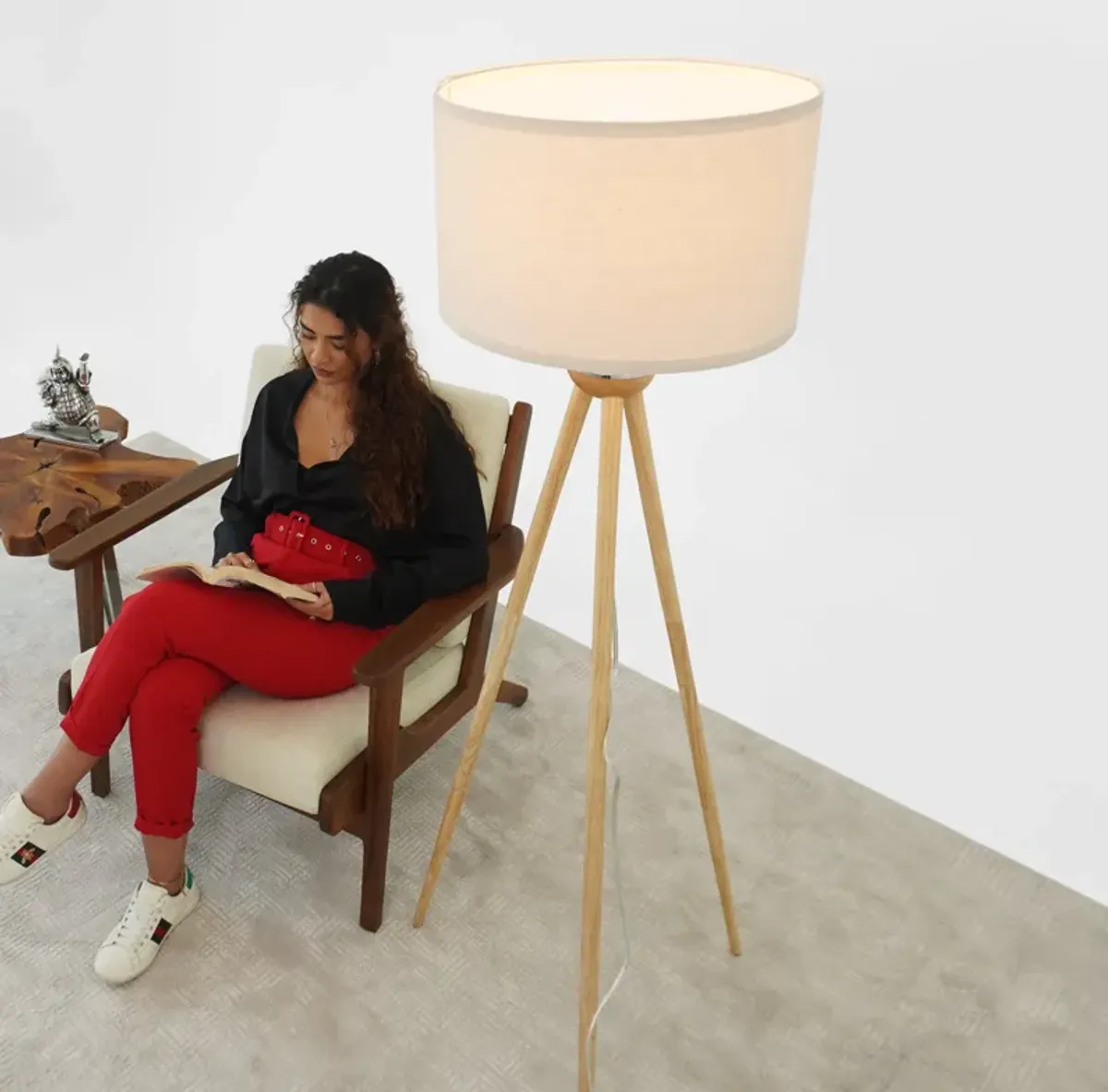 Eclipse Three Legged Wooden Strip Floor Lamp - Natural