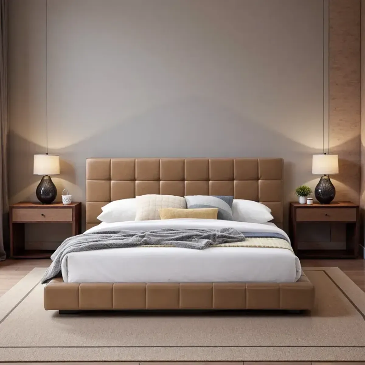 Hughes Queen Tan Vegan Leather Platform Bed