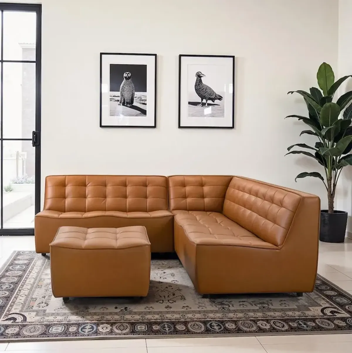 Linden Cognac Vegan Leather Corner Sectional Sofa
