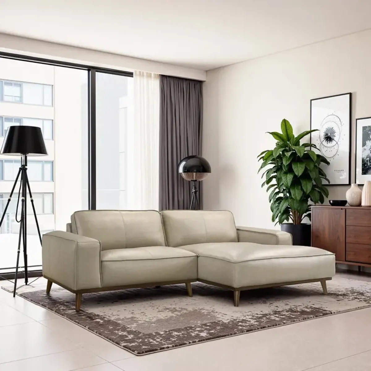 Clifton Beige Leather Sectional Sofa Right Facing Chaise