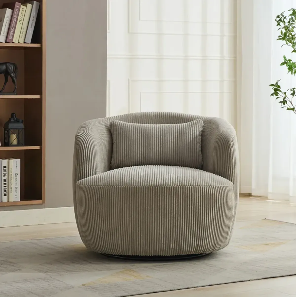 Brunswick Corduroy Upholstered 360° Metal Base Swivel Barrel Chair with Pillow