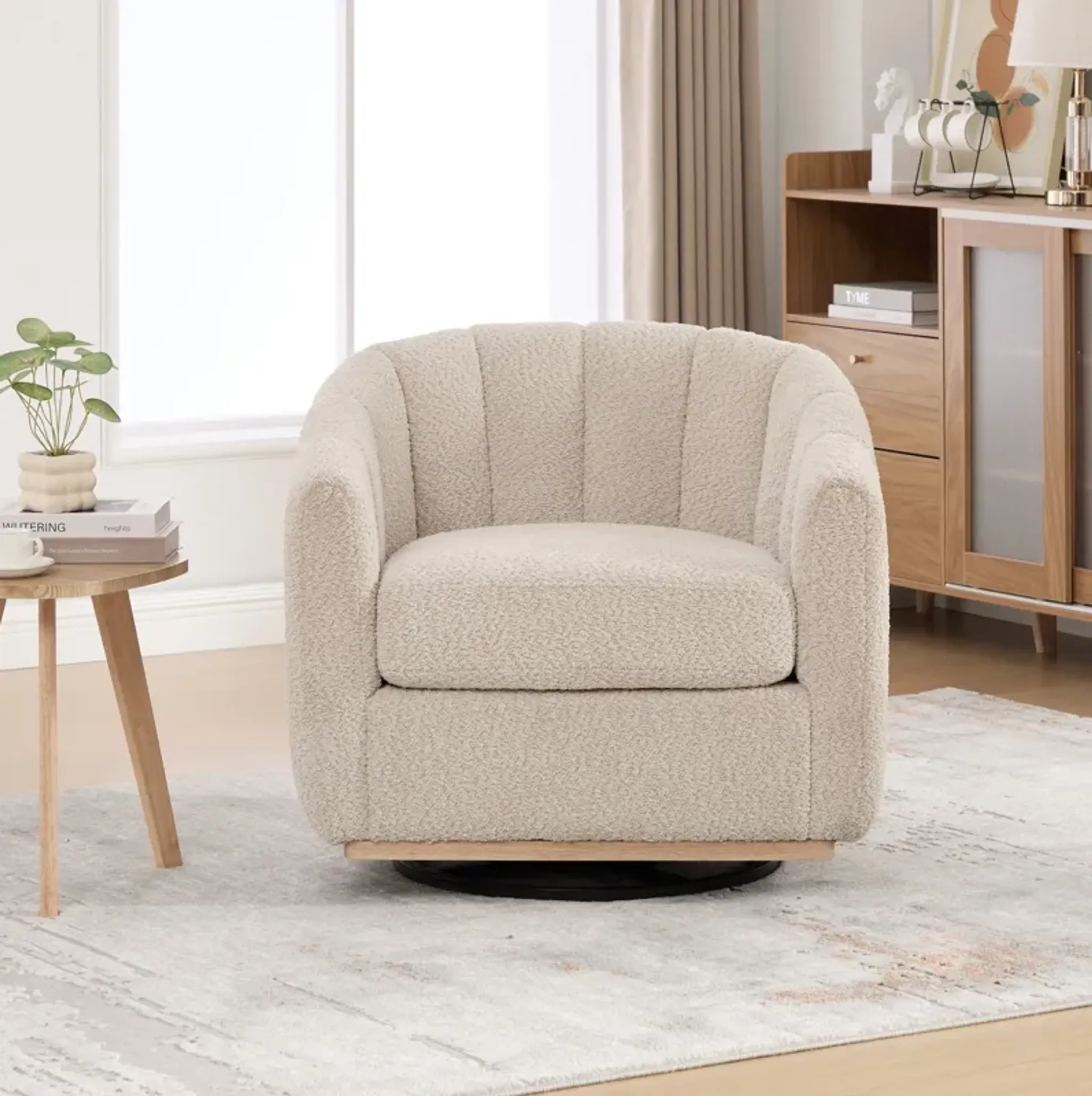 Eaton Wheat Swivel Barrel Chair With Metal Base And Tufted Chenille ...