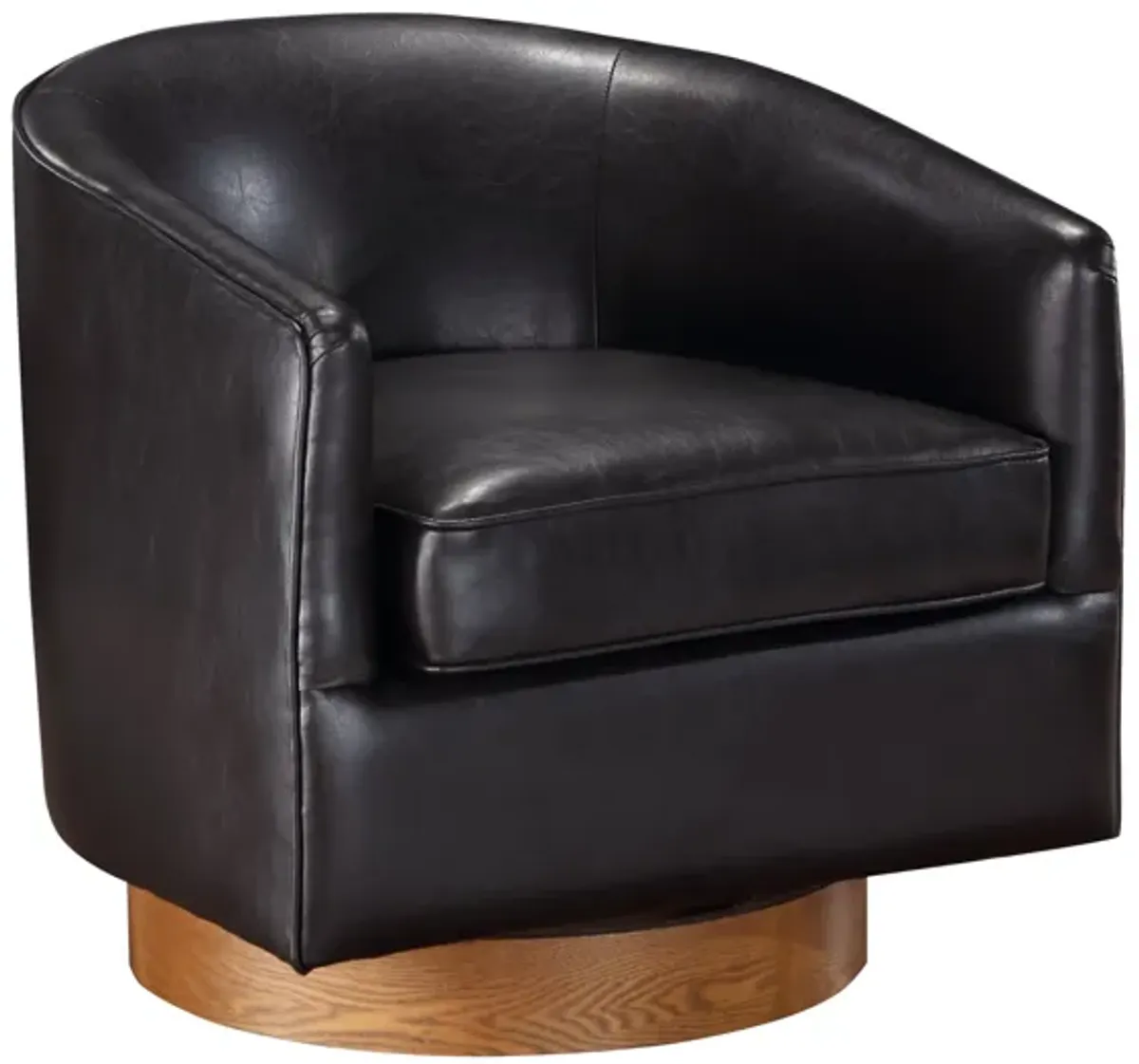 Maisy Brown Vegan Leather Barrel Swivel Chair with Wood Base