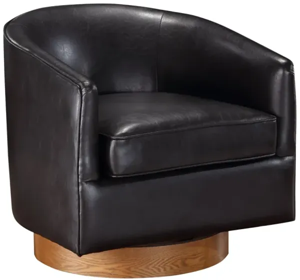 Maisy Brown Vegan Leather Barrel Swivel Chair with Wood Base