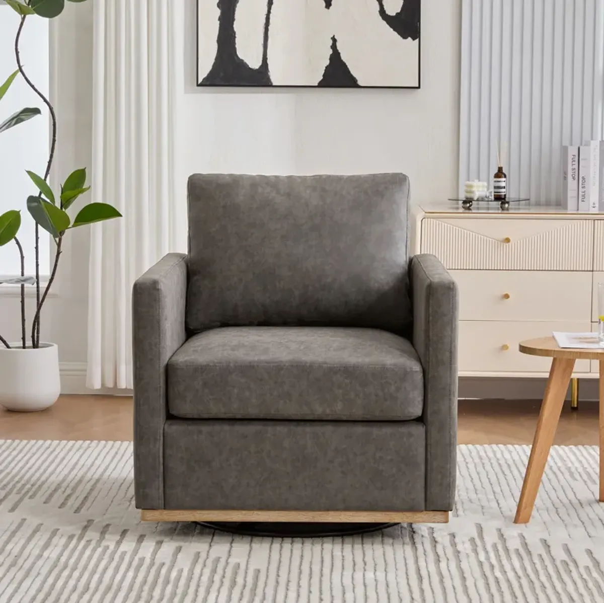 Hira Modern Grey Vegan Leather Upholstered Square Swivel Accent Chair