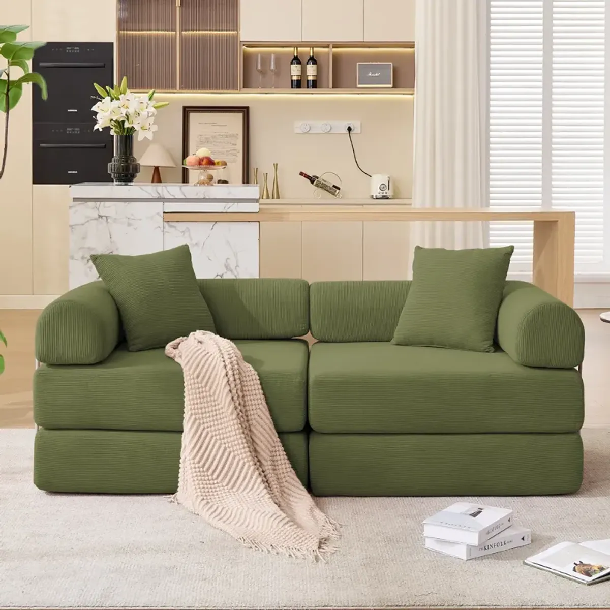 Gaged Modular Couch Green Corduroy Sofa Bed - Convertible Sofa