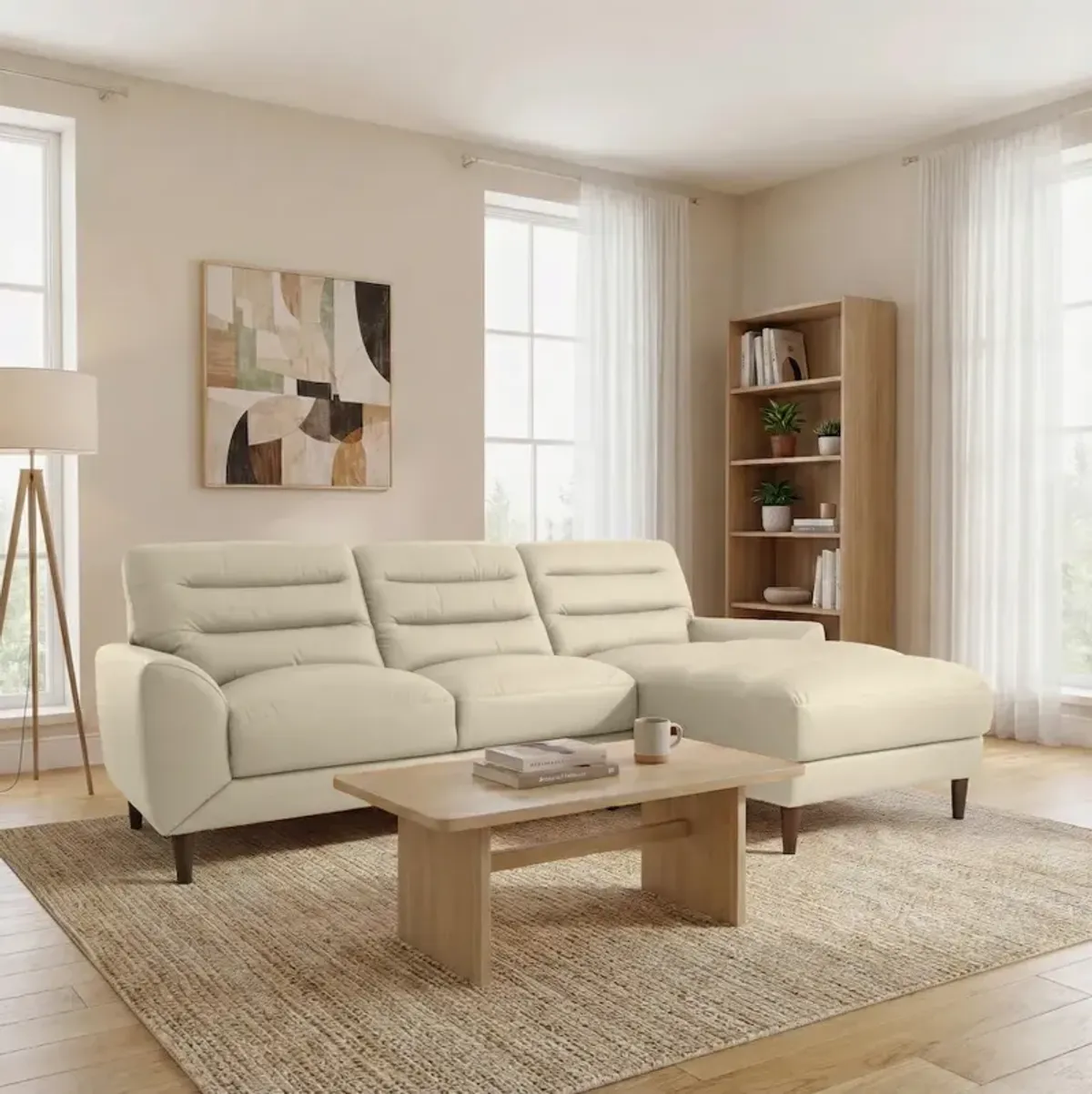 Barton Cream Leather Right Facing Sectional Sofa