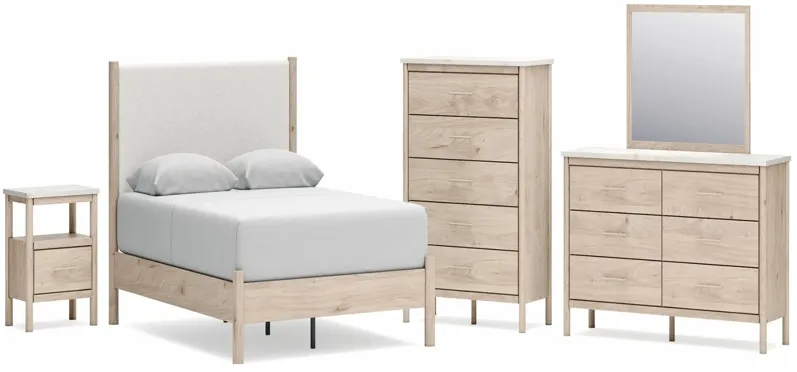 Cadmori Queen Upholstered Panel Bed with Mirrored Dresser, Chest and Nightstand