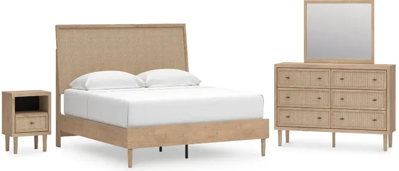 Cielden King Panel Bed with Mirrored Dresser and Nightstand