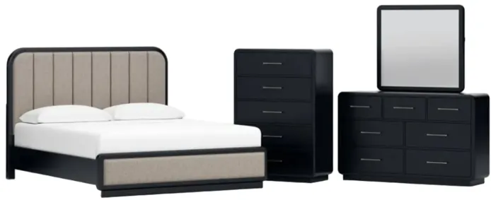 Rowanbeck California King Upholstered Panel Bed, Dresser, Mirror, Chest and Nightstand