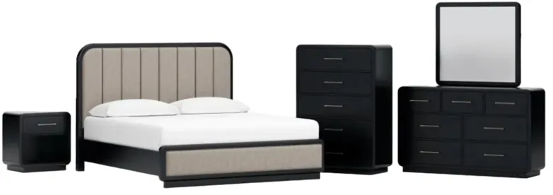 Rowanbeck King Upholstered Panel Bed, Dresser, Mirror, Chest and Nightstand