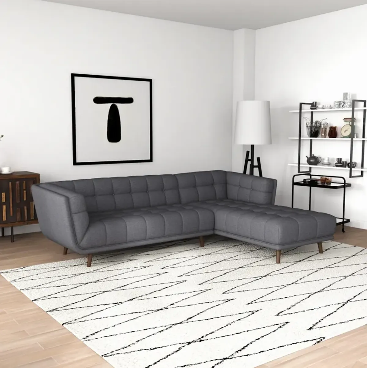 Kano Dark Grey Linen Sectional Sofa Right Facing Chaise