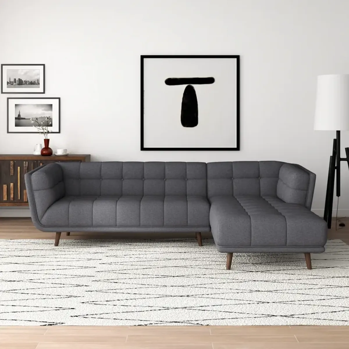 Kano Dark Grey Linen Sectional Sofa Right Facing Chaise