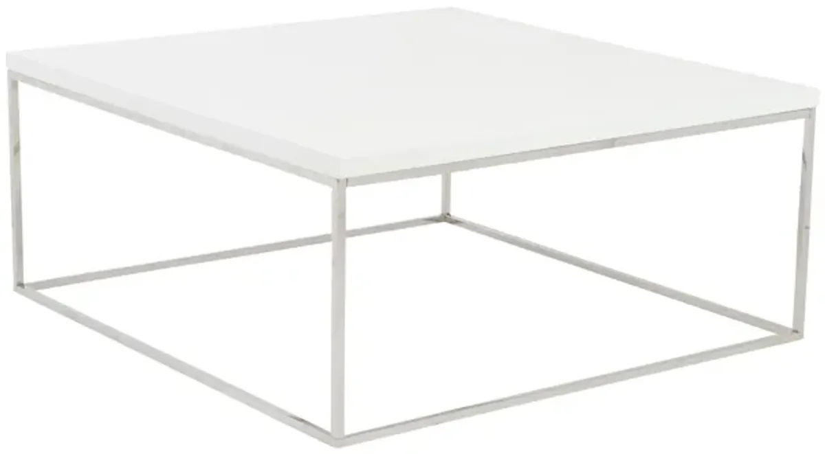 Teresa Square Coffee Table in White with Polished Stainless Steel Base