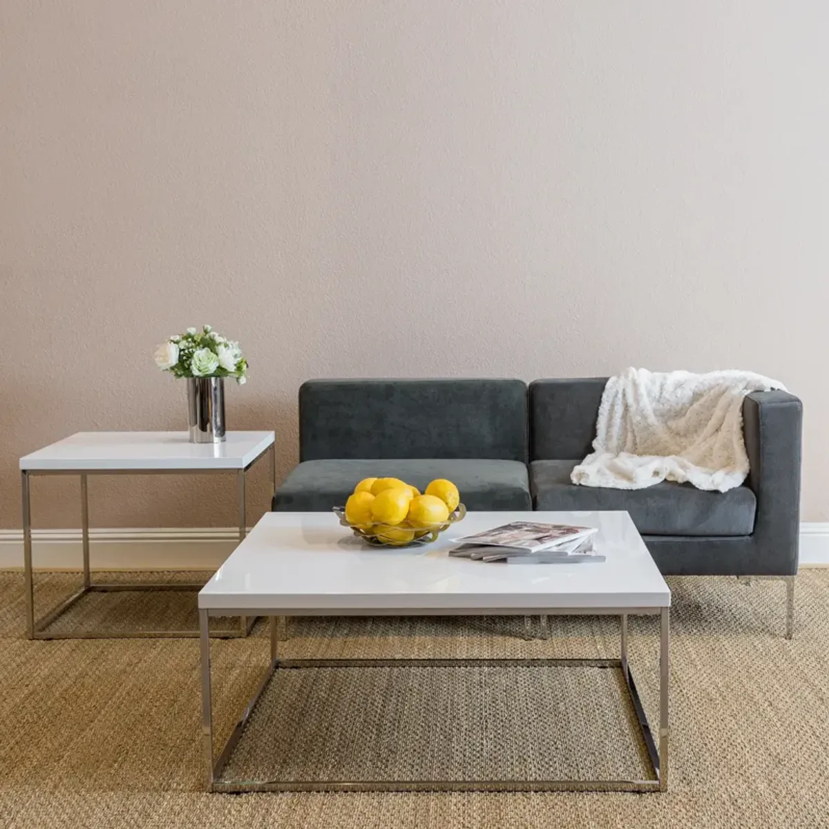 Teresa Square Coffee Table in White with Polished Stainless Steel Base