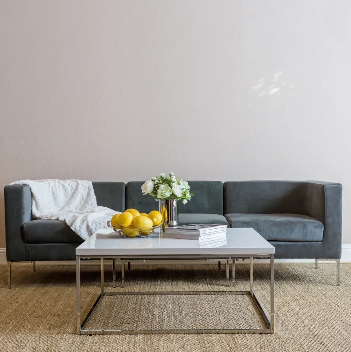 Teresa Square Coffee Table in White with Polished Stainless Steel Base