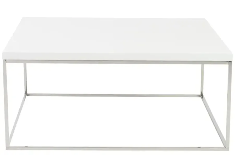 Teresa Square Coffee Table in White with Polished Stainless Steel Base