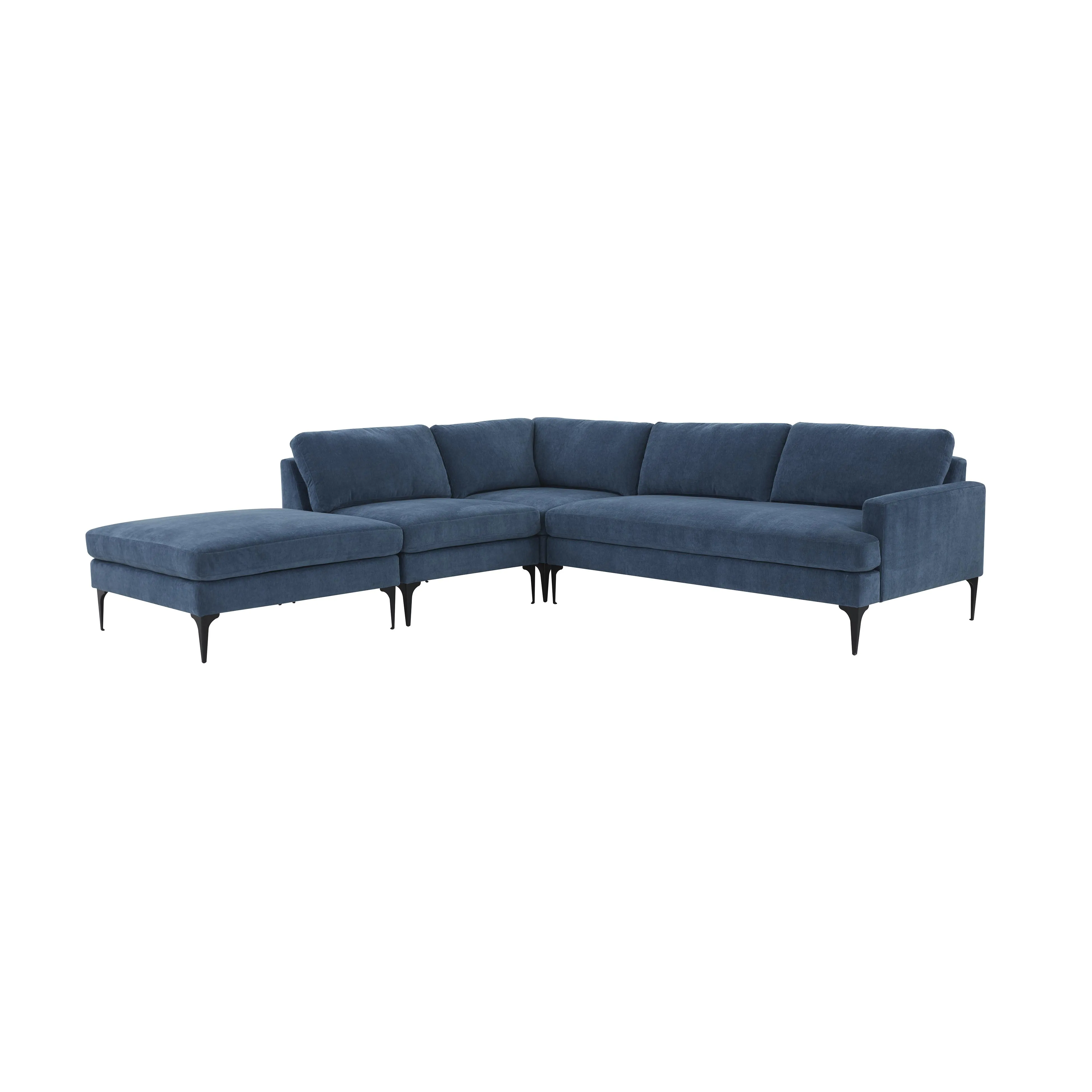 Serena Blue Velvet Large LAF Chaise Sectional with Black Legs