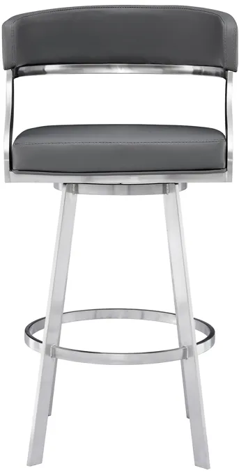 Saturn 30" Bar Height Swivel Grey Faux Leather and Brushed Stainless Steel Bar Stool