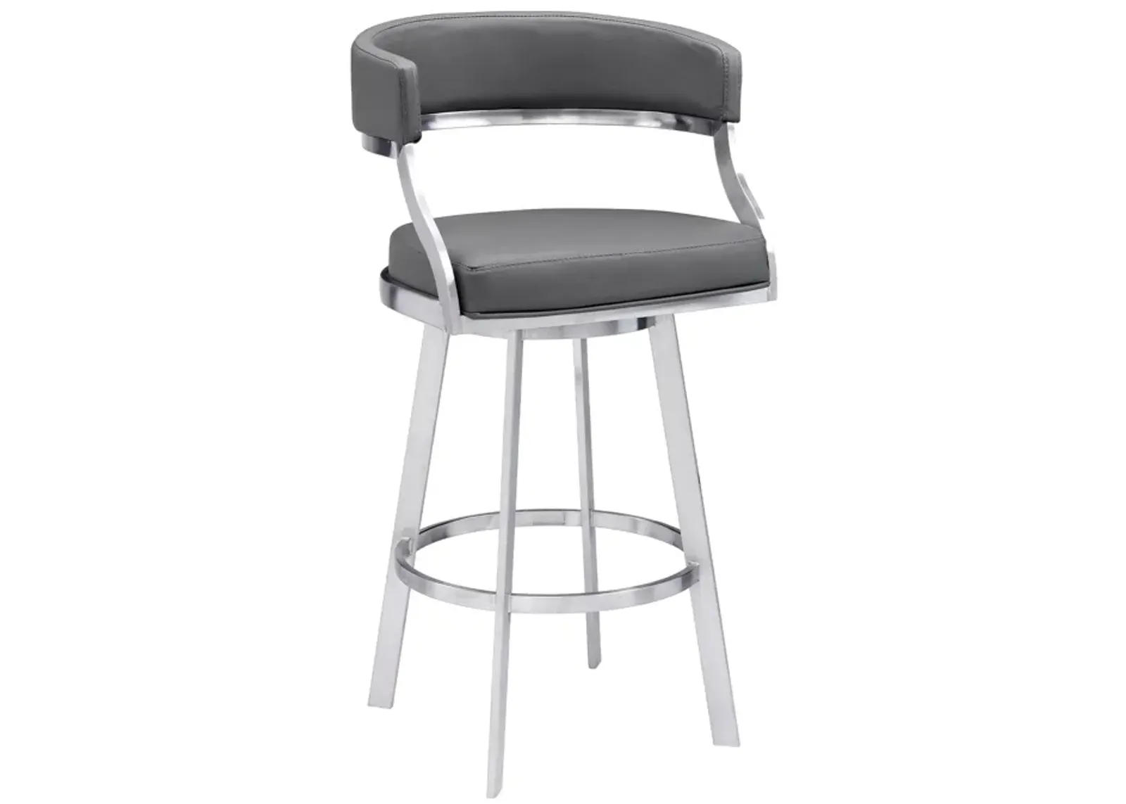 Saturn 30" Bar Height Swivel Grey Faux Leather and Brushed Stainless Steel Bar Stool