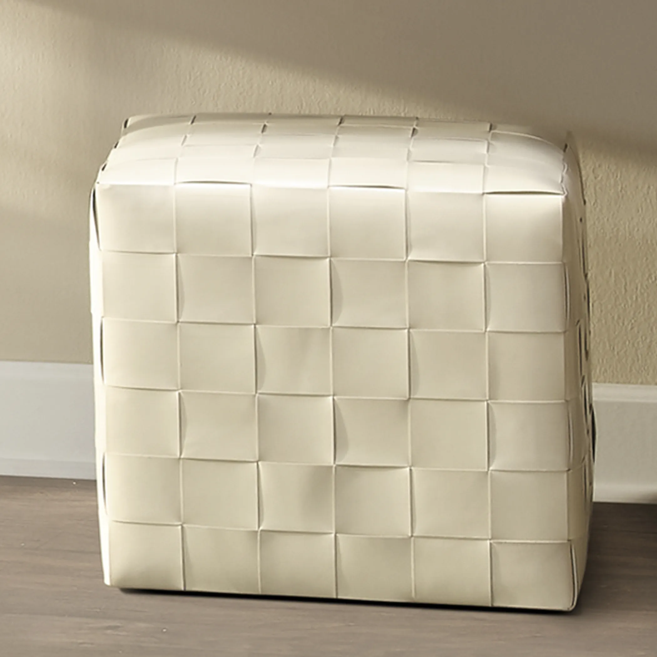 Woven Leather Ottoman, White