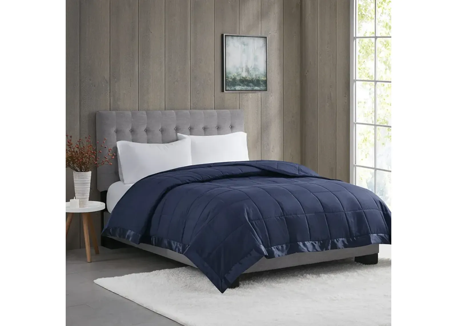 Madison Park Windom Navy Lightweight Down Alternative Blanket with Satin Trim