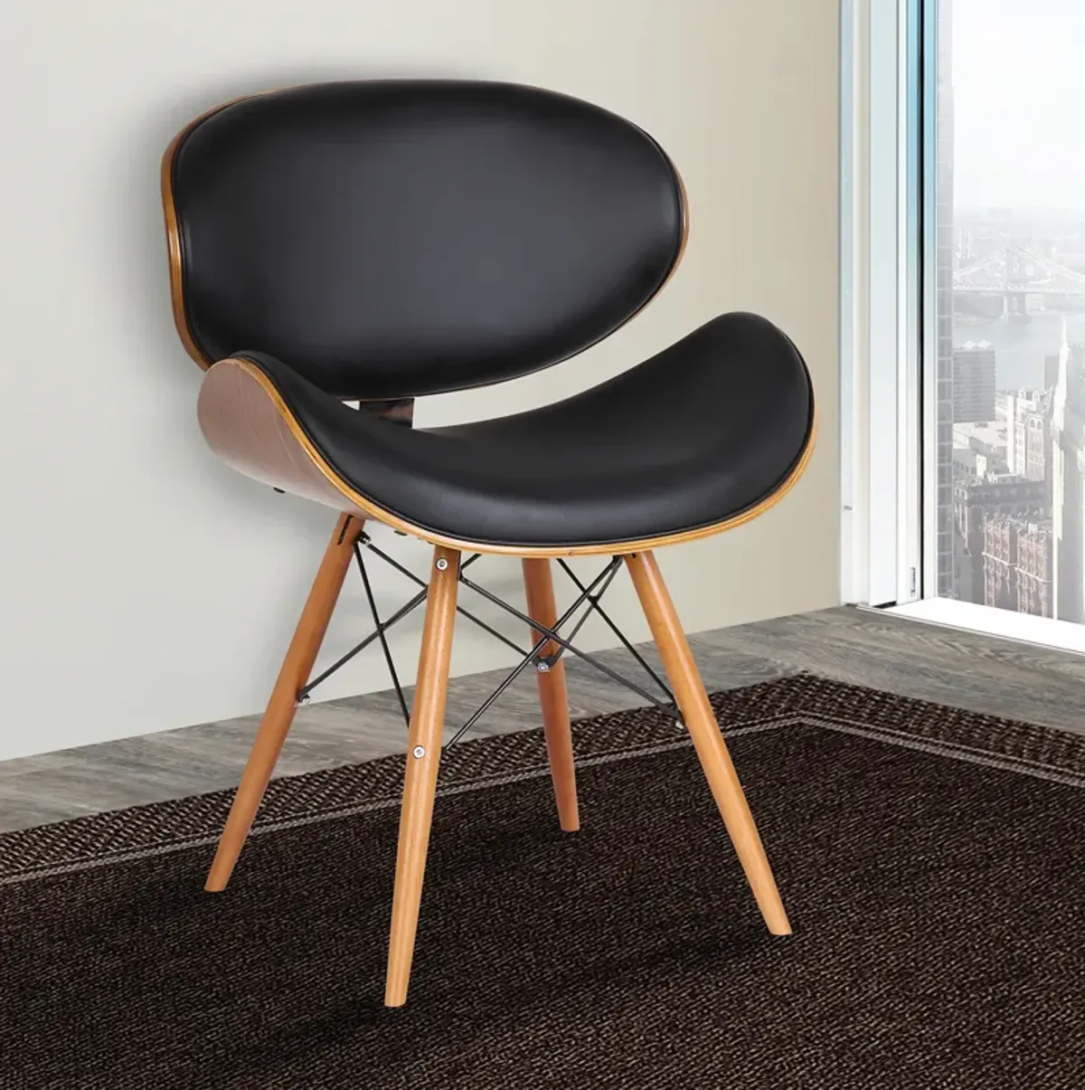 Cassie Mid-Century Dining Chair in Walnut Wood and Black Faux Leather