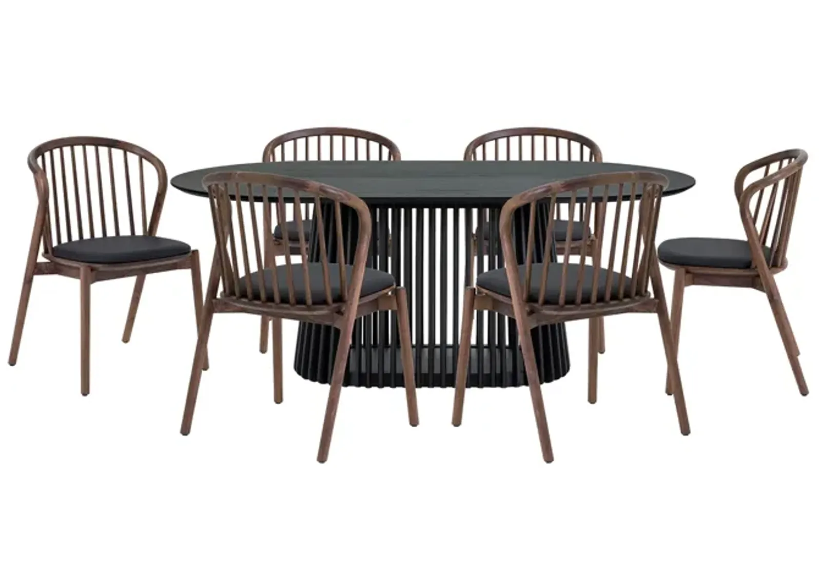 Pasadena Echo 7 Piece Oval Dining Set in Black Oak Finish with Walnut Finish Chairs