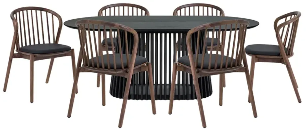 Pasadena Echo 7 Piece Oval Dining Set in Black Oak Finish with Walnut Finish Chairs