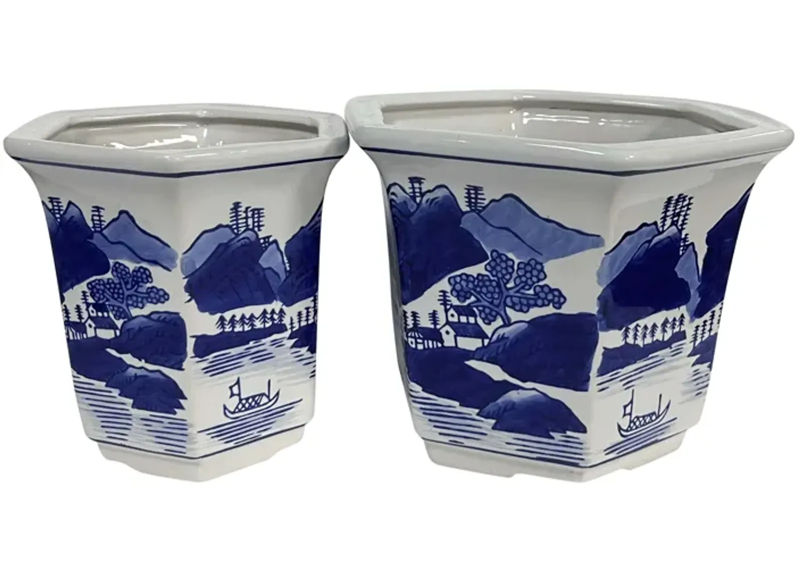 Cer, S/2 6/8" Chinoiserie Planters, Blue/white