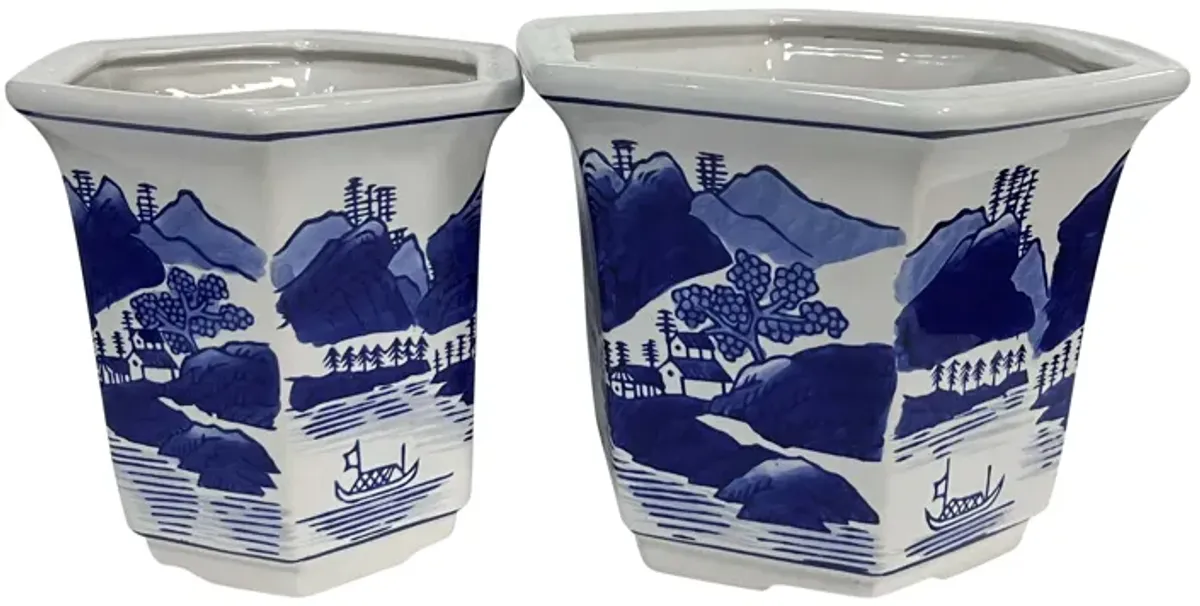 Cer, S/2 6/8" Chinoiserie Planters, Blue/white