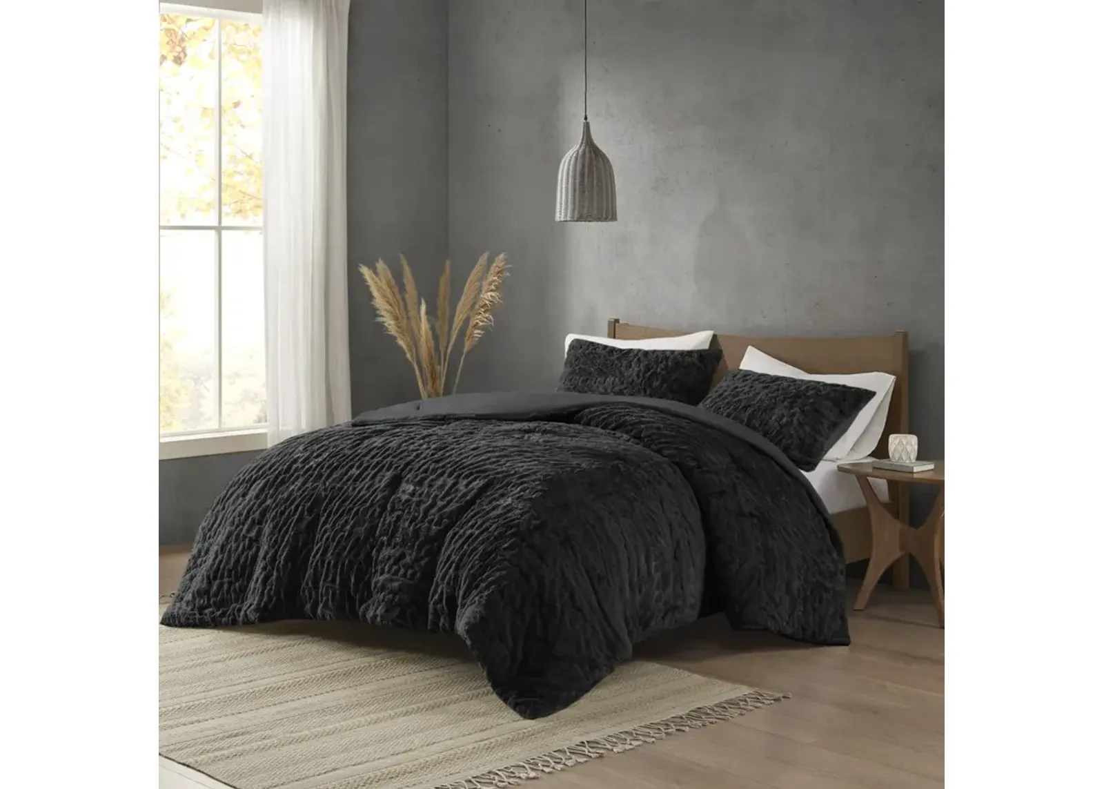 Madison Park Blair Black Ruched Fur Down Alternative Comforter Set