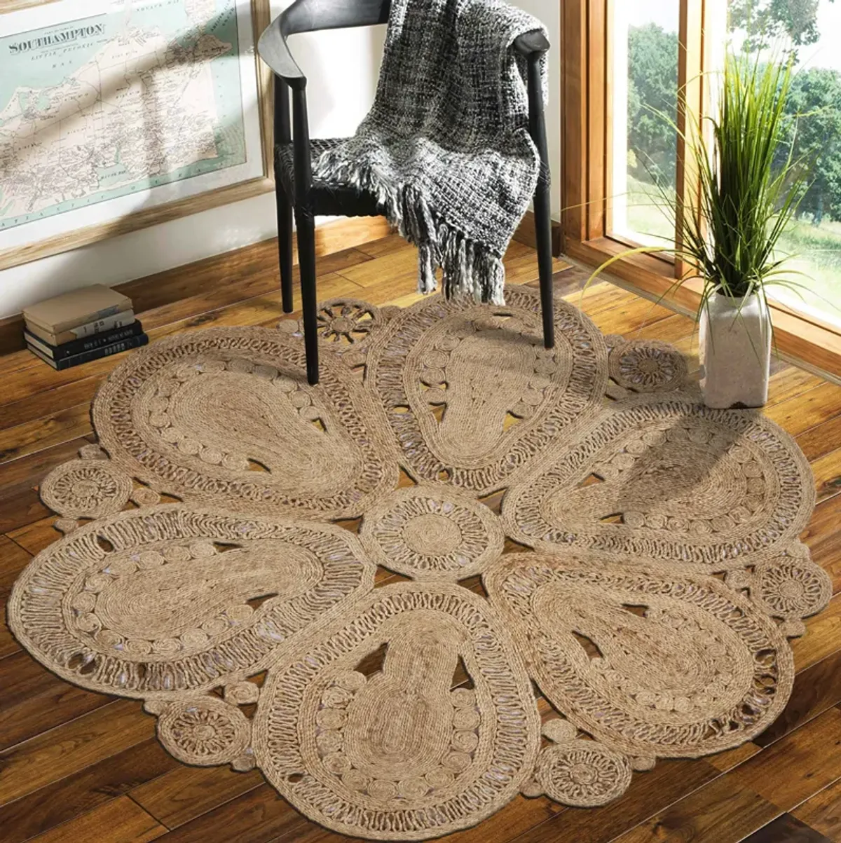 Nature Contemporary Floral Organic Jute Indoor Round Area Rug 6'