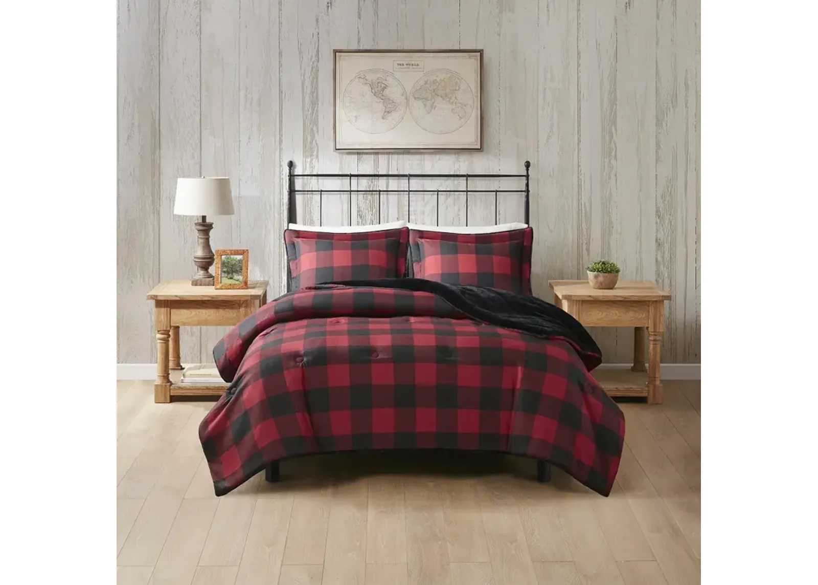 Woolrich Bernston Red Buffalo Check Faux Wool to Faux Fur Down Alternative Comforter Set