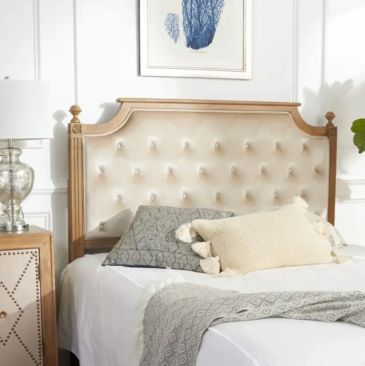 Rustic Wood Beige Tufted Velvet Queen Headboard