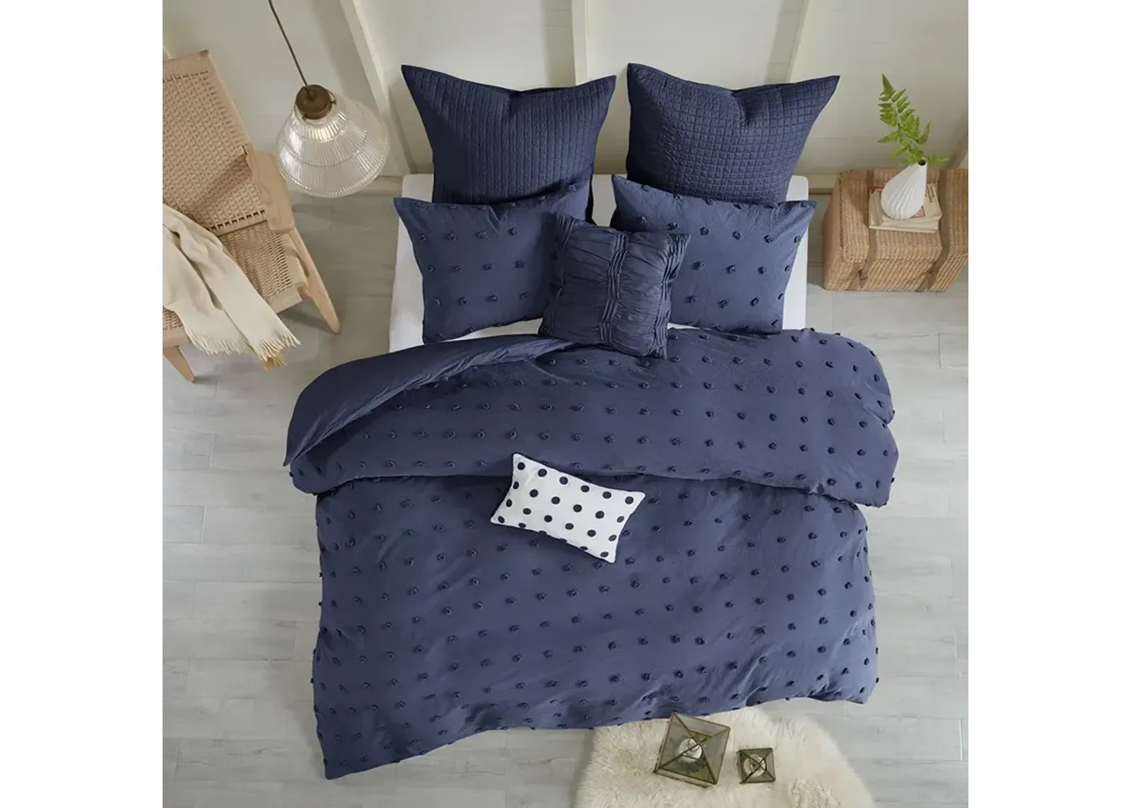 Urban Habitat Brooklyn Navy Cotton Jacquard Duvet Cover Set with Euro Shams and Throw Pillows