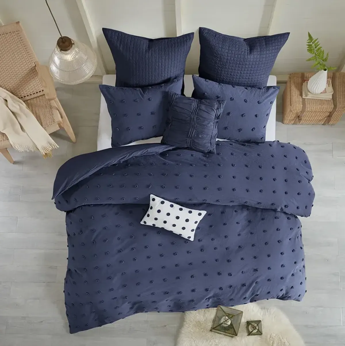 Urban Habitat Brooklyn Navy Cotton Jacquard Duvet Cover Set with Euro Shams and Throw Pillows