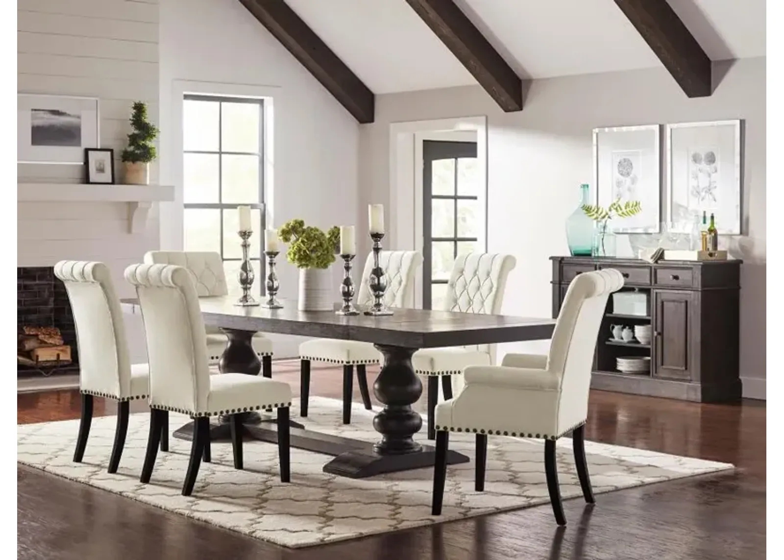 Phelps Rectangular Trestle Dining Set Antique Noir and Beige